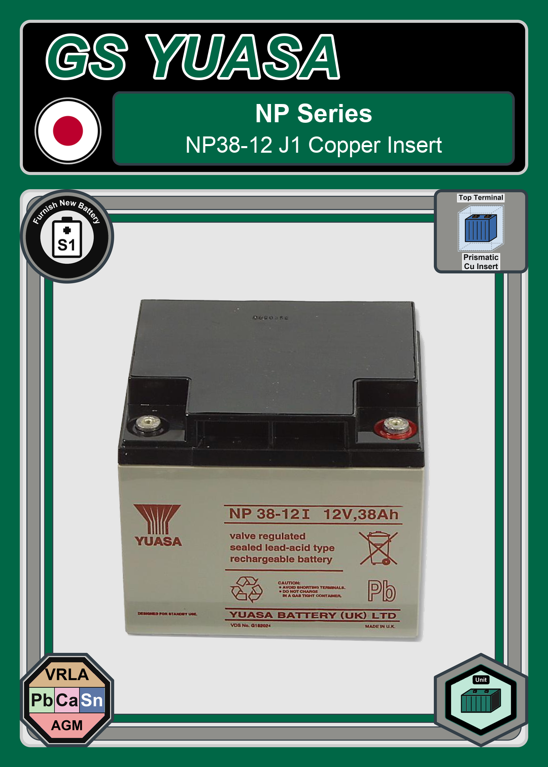 Furnish New Battery GS Yuasa NP Series NP38 12 J1 Copper Insert