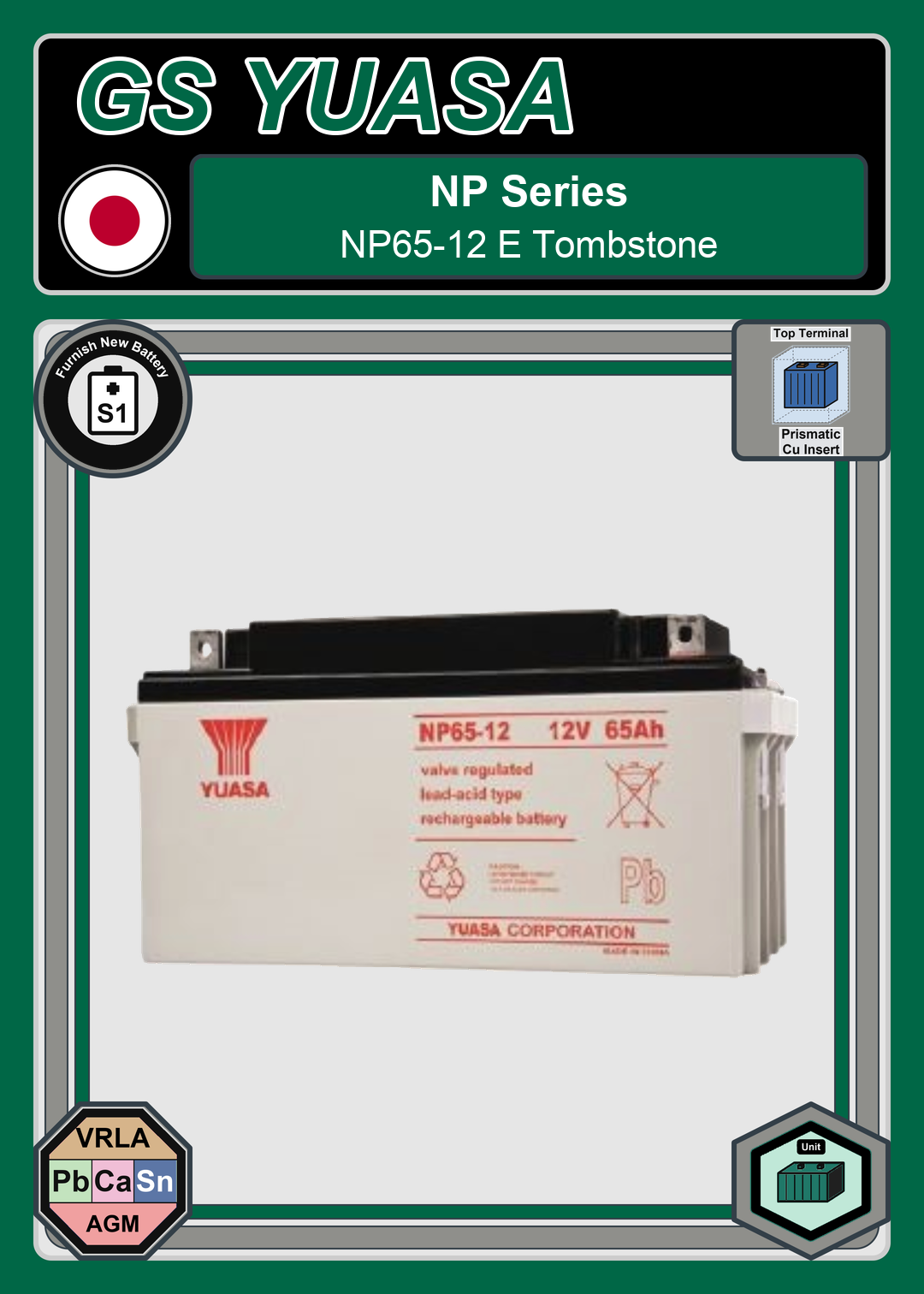 Furnish New Battery GS Yuasa NP Series NP65 12 E Tombstone