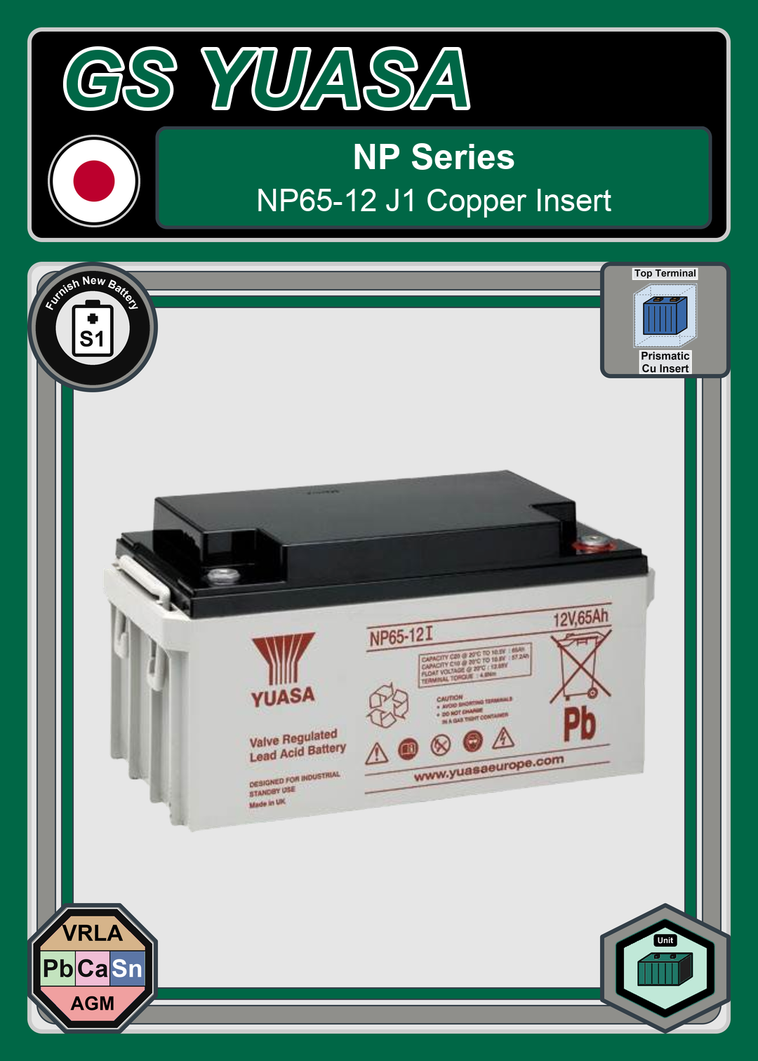 Furnish New Battery GS Yuasa NP Series NP65 12 J1 Copper Insert