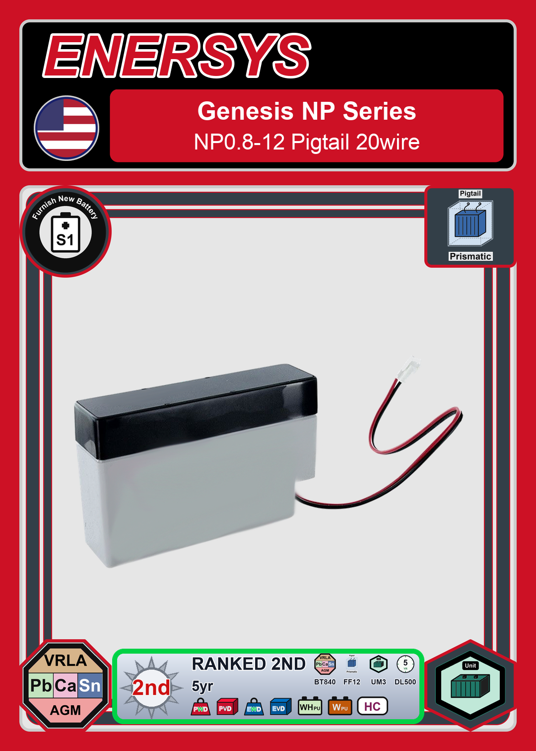 Furnish New Battery Enersys Genesis NP Series NP0 8 12 Pigtail 20wire
