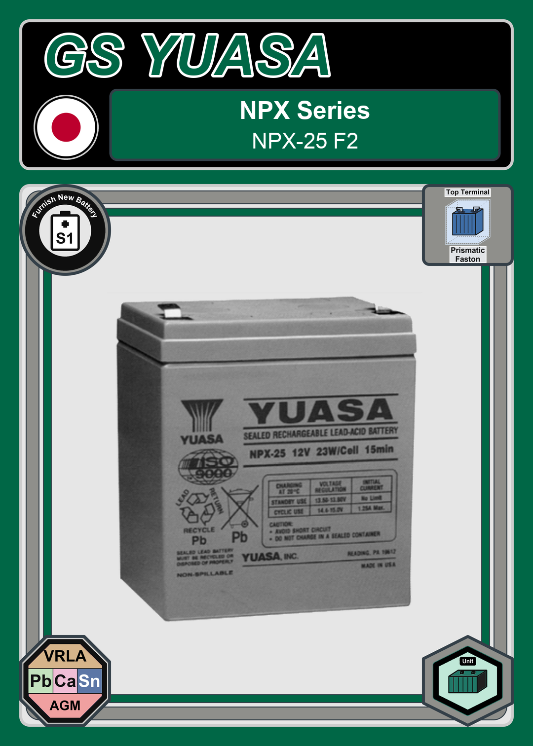 Furnish New Battery GS Yuasa NPX Series NPX 25 F2
