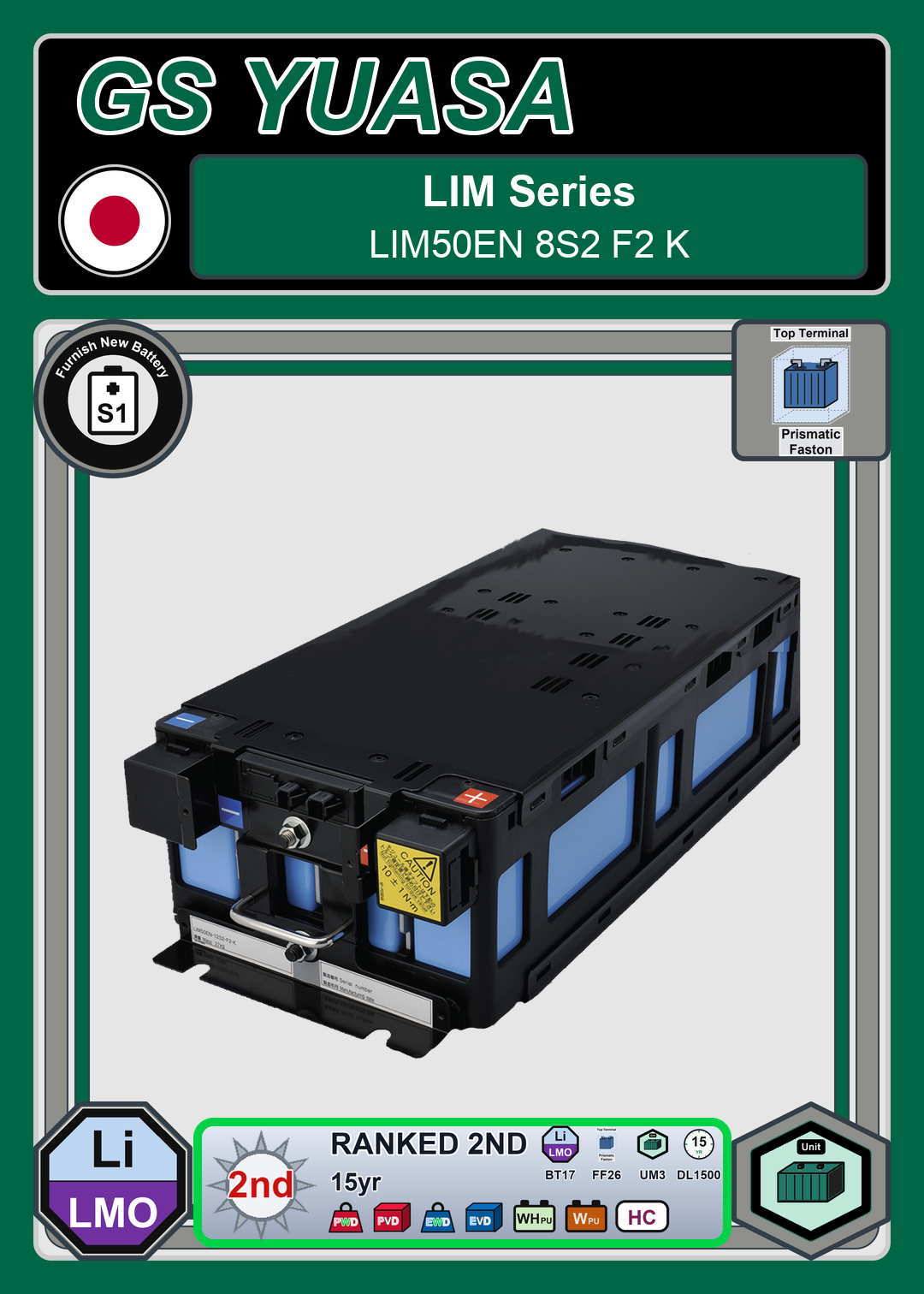 Furnish New Battery GS Yuasa LIM50EN Series LIM50EN 8S2 F2 K