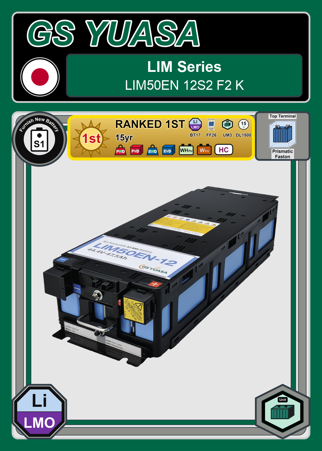 Furnish New Battery GS Yuasa LIM50EN Series LIM50EN 12S2 F2 K