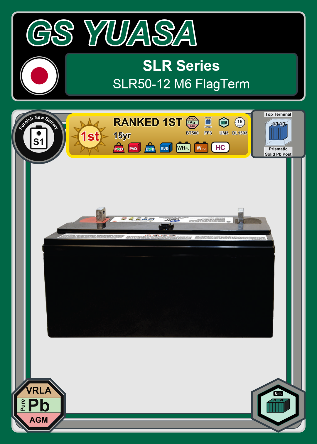 Furnish New Battery GS Yuasa SLR Series SLR50 12 M6 FlagTerm
