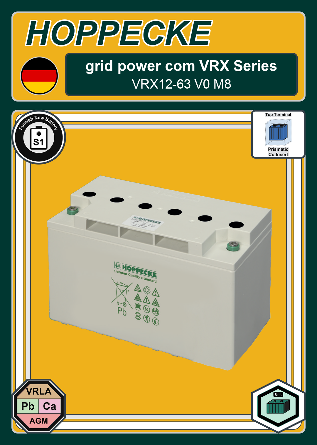 Furnish New Battery Hoppecke grid power com VRX Series VRX12 63 V0 M8
