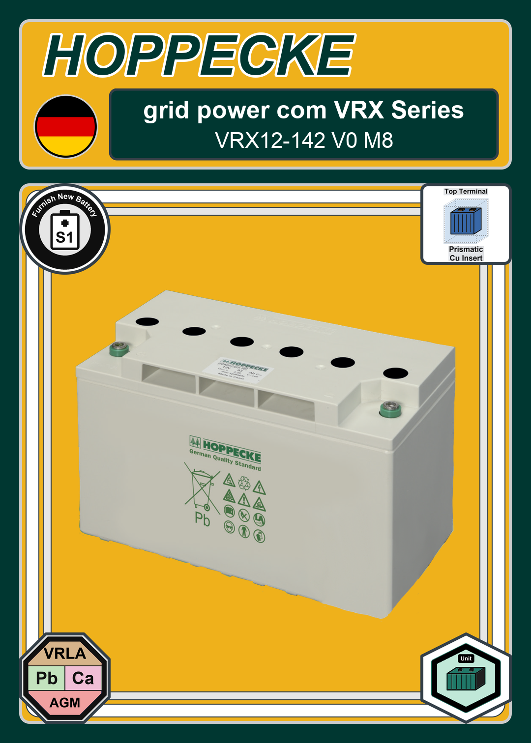 Furnish New Battery Hoppecke grid power com VRX Series VRX12 142 V0 M8