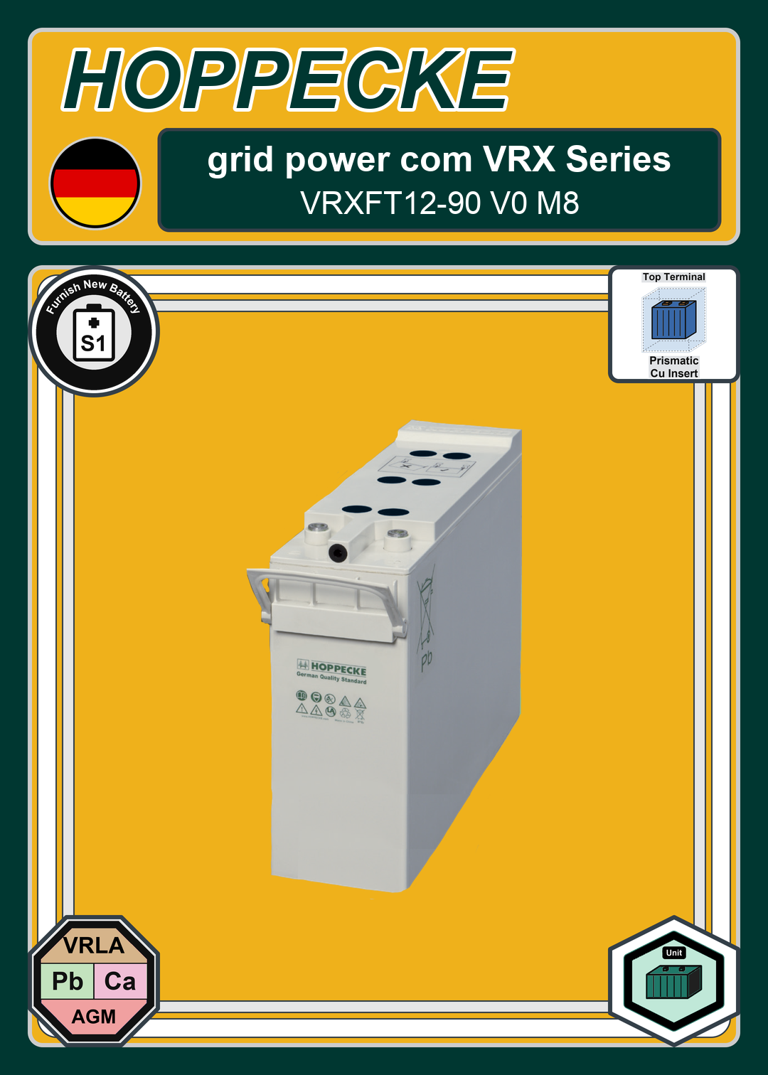 Furnish New Battery Hoppecke grid power com VRX Series VRXFT12 90 V0 M8
