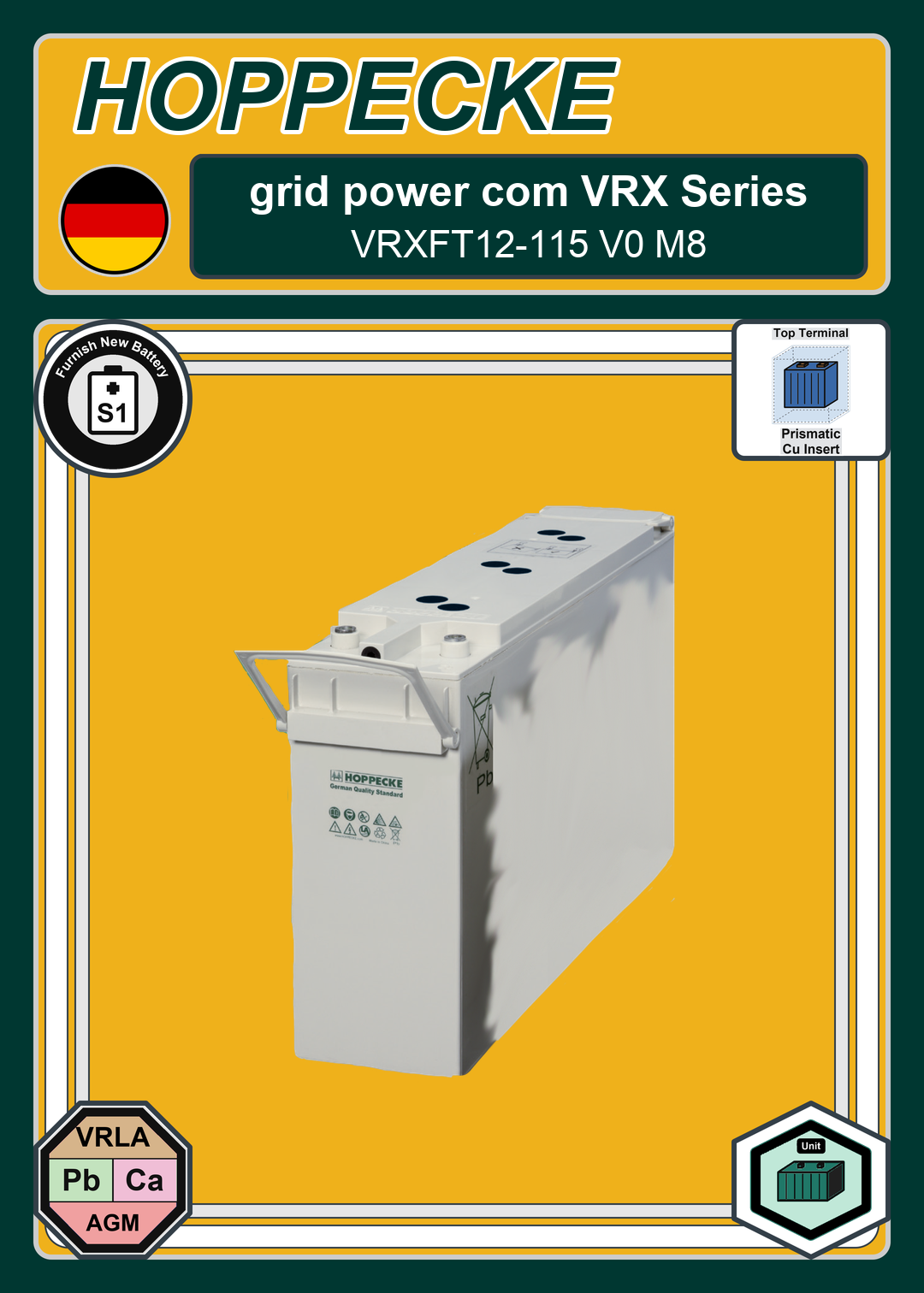 Furnish New Battery Hoppecke grid power com VRX Series VRXFT12 115 V0 M8