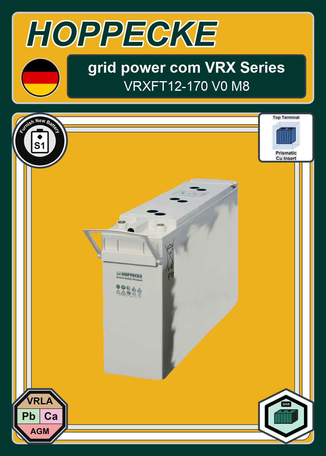 Furnish New Battery Hoppecke grid power com VRX Series VRXFT12 170 V0 M8