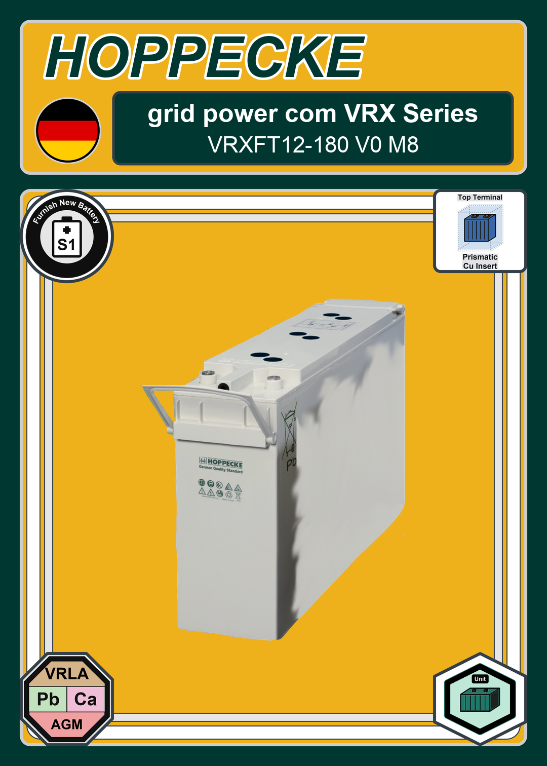 Furnish New Battery Hoppecke grid power com VRX Series VRXFT12 180 V0 M8