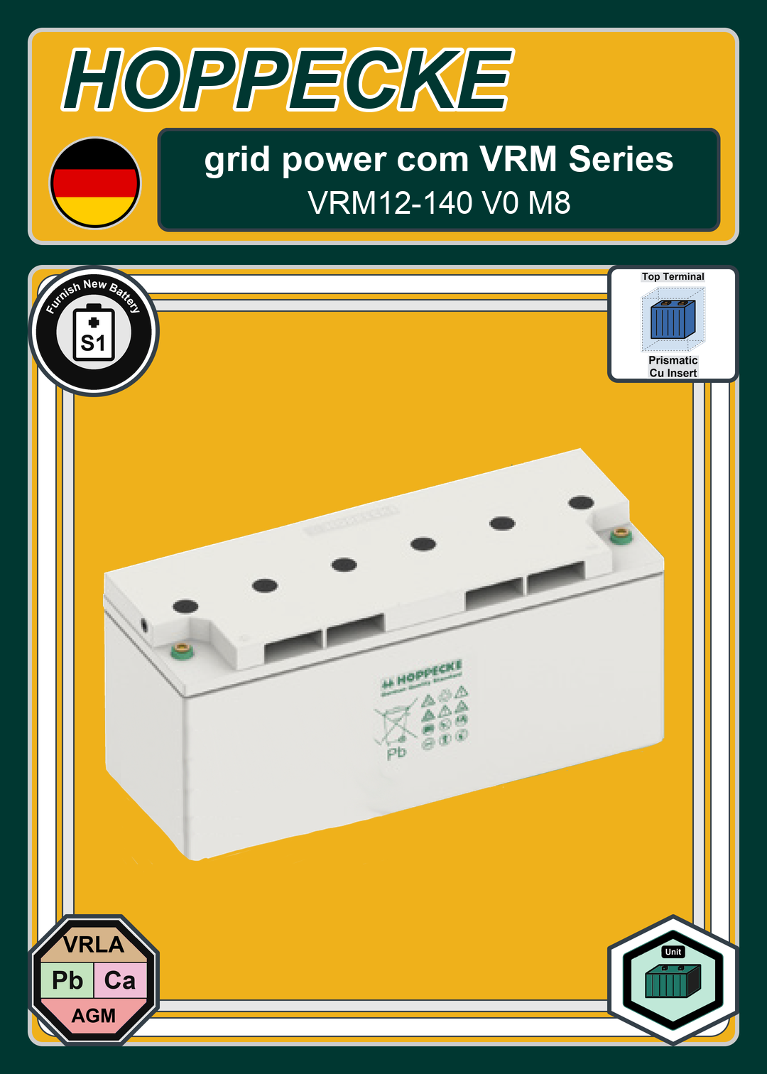 Furnish New Battery Hoppecke grid power com VRM Series VRM12 140 V0 M8