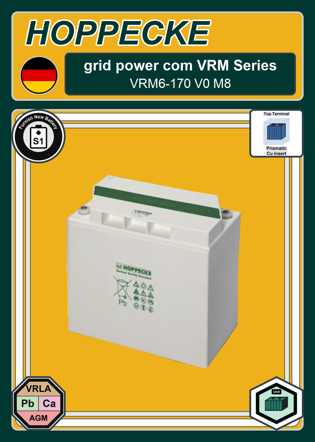 Furnish New Battery Hoppecke grid power com VRM Series VRM6 170 V0 M8