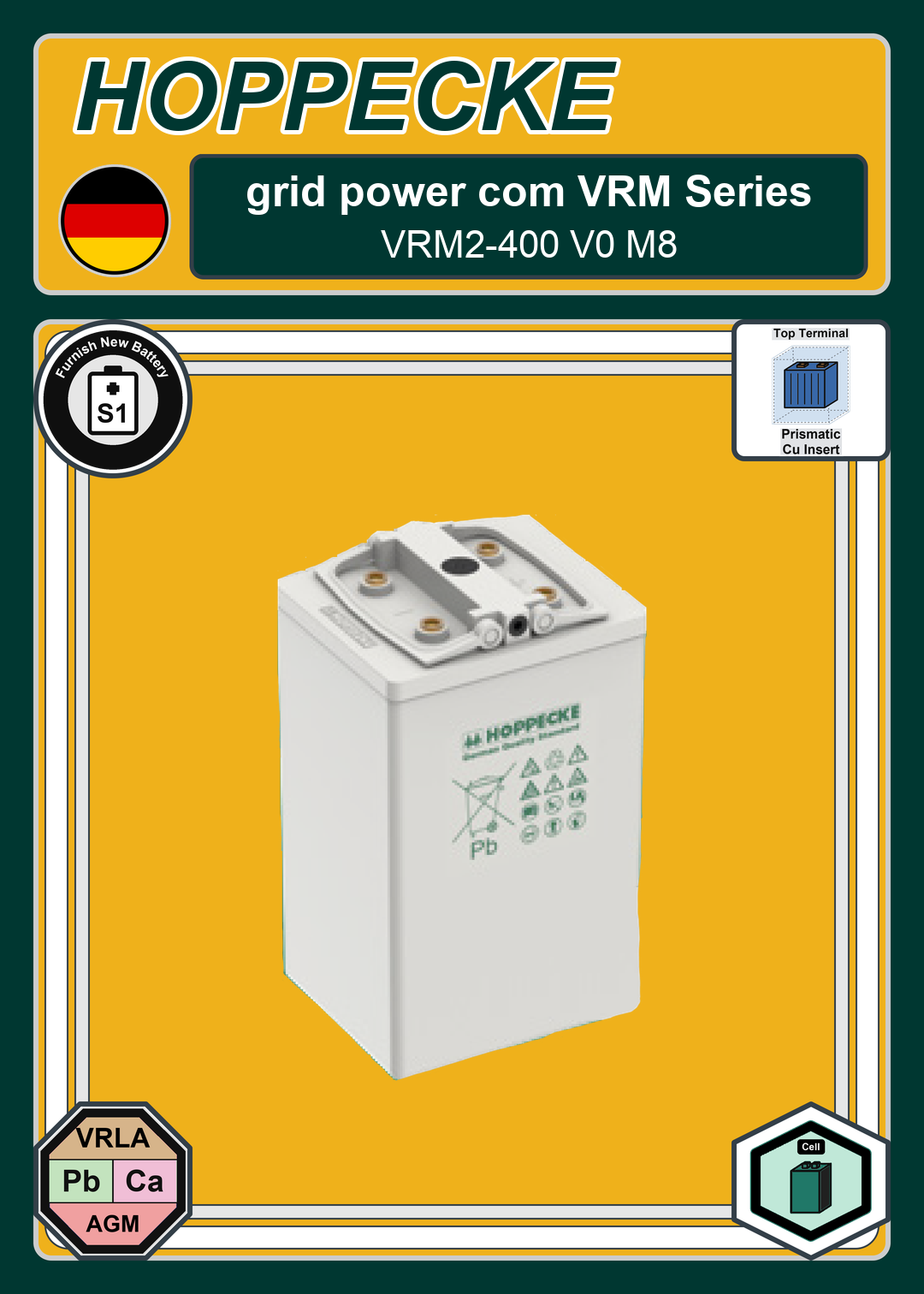 Furnish New Battery Hoppecke grid power com VRM Series VRM2 400 V0 M8