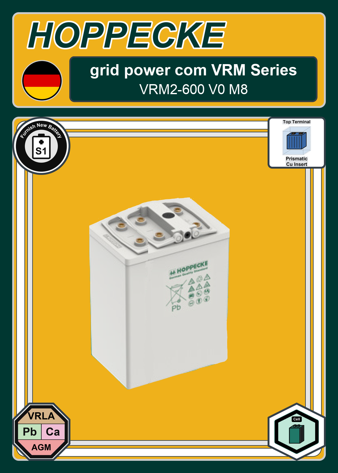 Furnish New Battery Hoppecke grid power com VRM Series VRM2 600 V0 M8