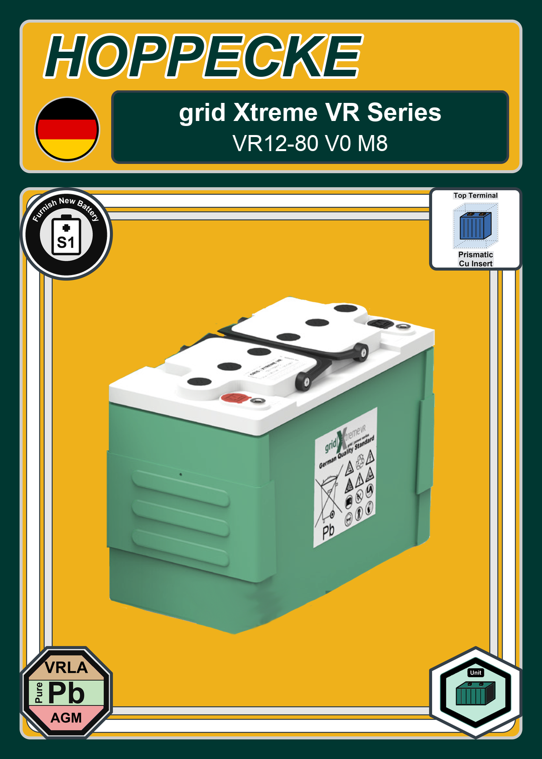 Furnish New Battery Hoppecke grid Xtreme VR Series VR12 80 V0 M8