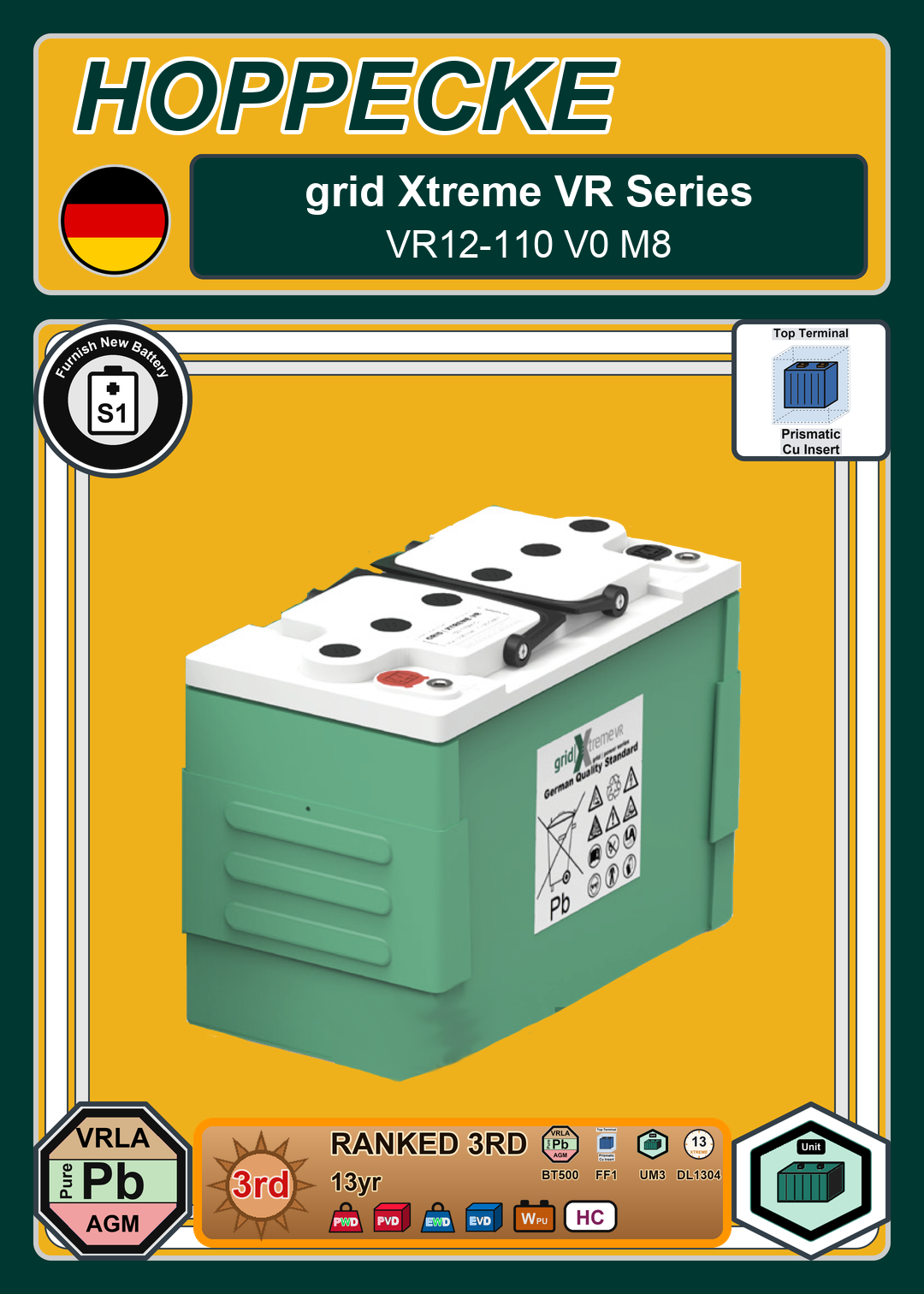 Furnish New Battery Hoppecke grid Xtreme VR Series VR12 110 V0 M8