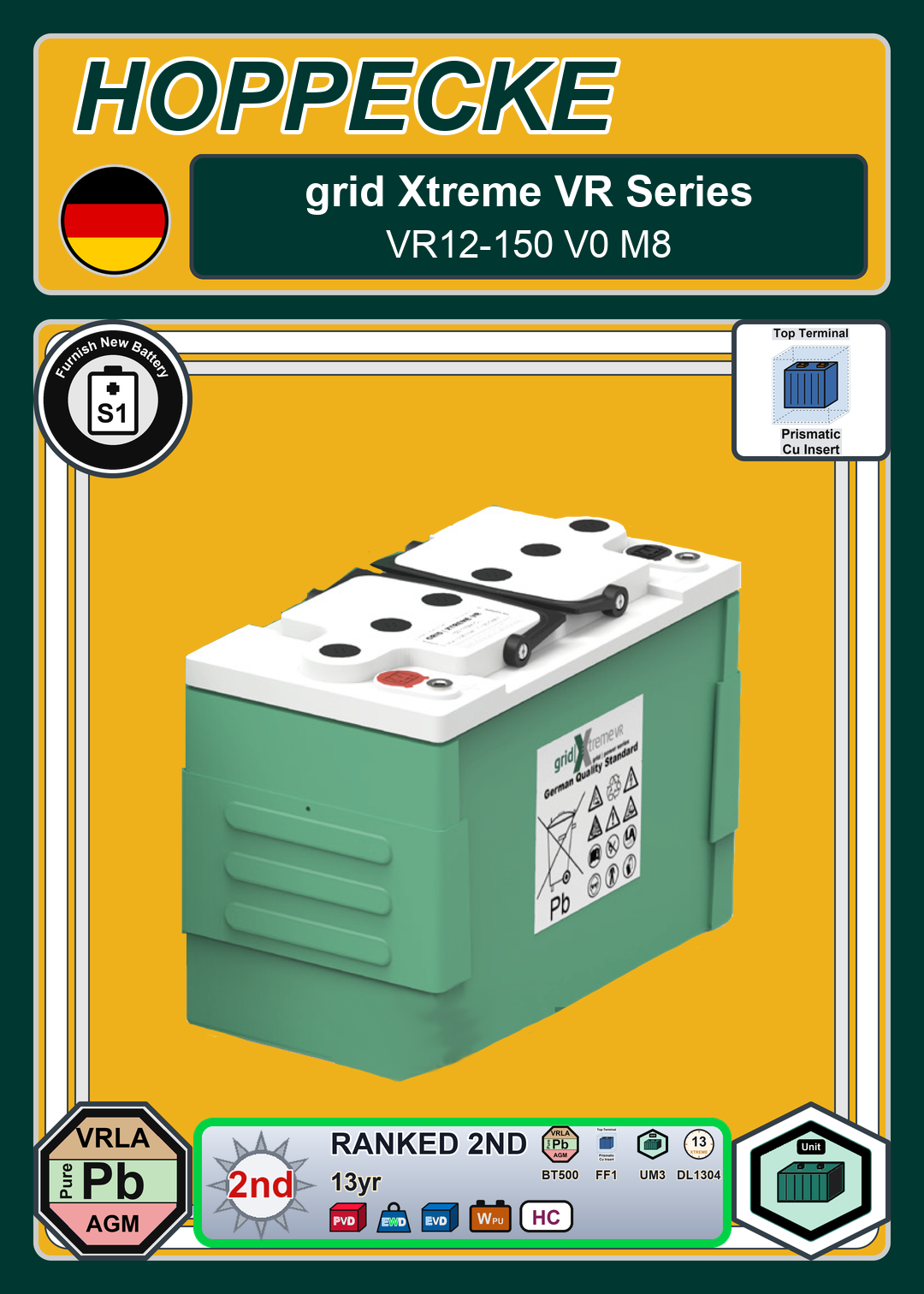 Furnish New Battery Hoppecke grid Xtreme VR Series VR12 150 V0 M8