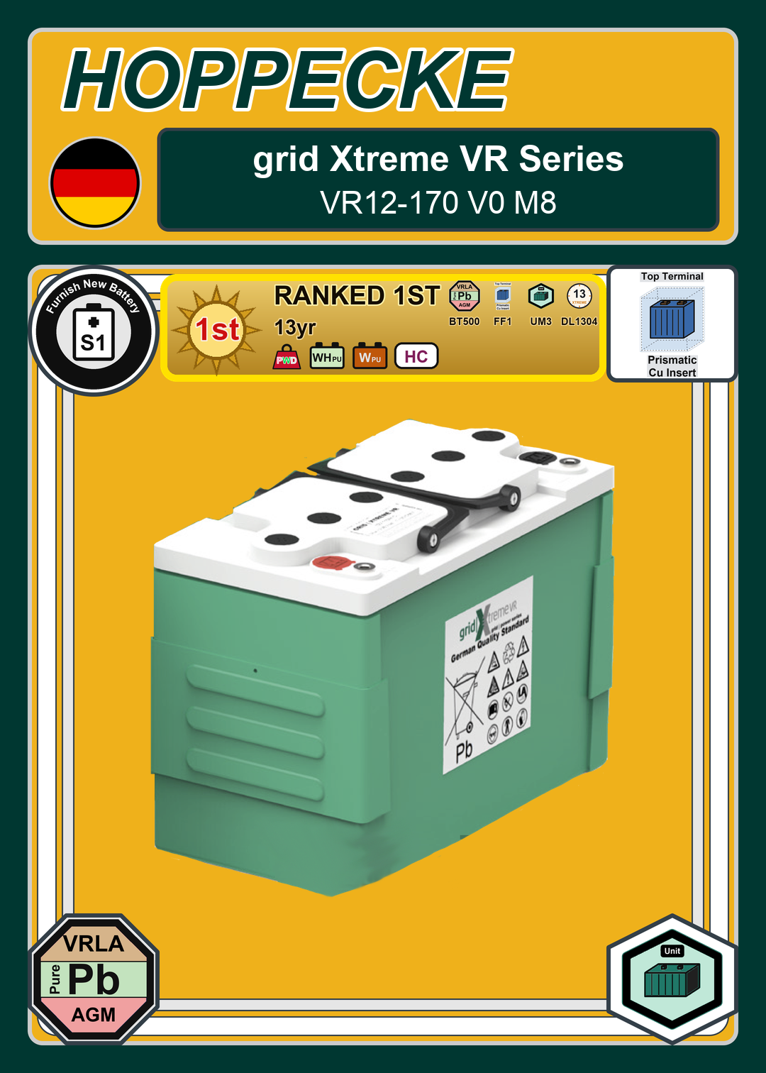 Furnish New Battery Hoppecke grid Xtreme VR Series VR12 170 V0 M8