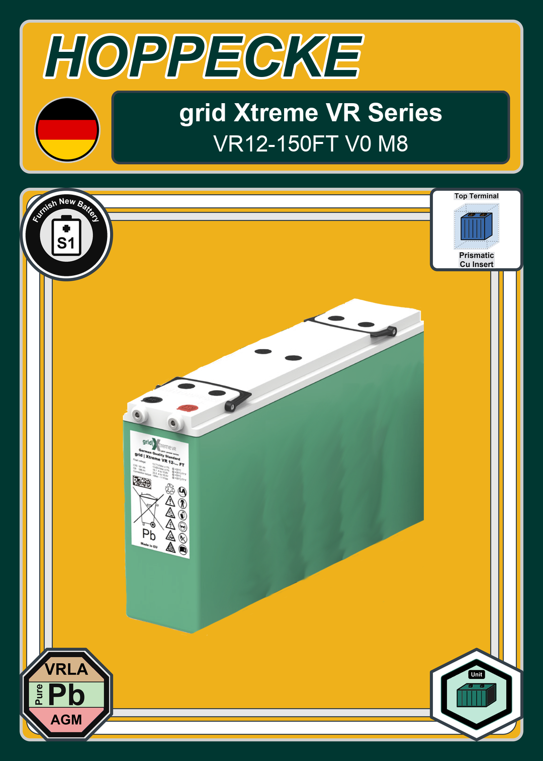 Furnish New Battery Hoppecke grid Xtreme VR Series VR12 150FT V0 M8