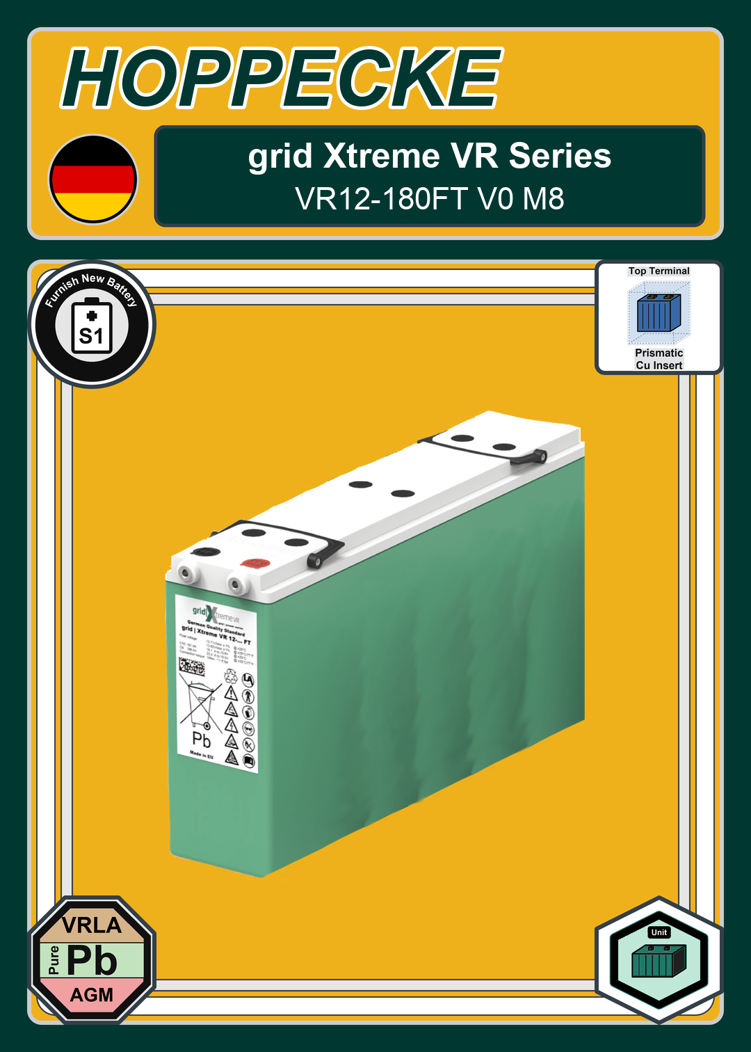 Furnish New Battery Hoppecke grid Xtreme VR Series VR12 180FT V0 M8