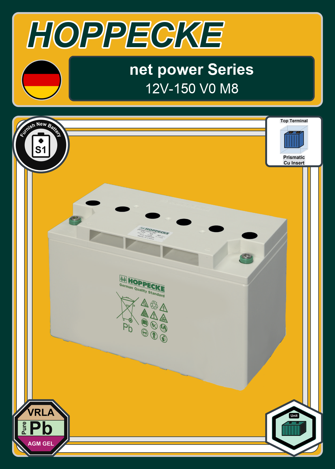 Furnish New Battery Hoppecke net power Series 12V 150 V0 M8