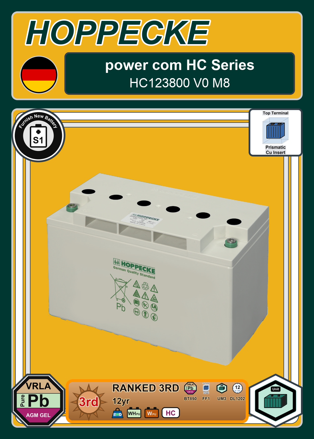 Furnish New Battery Hoppecke power com HC Series HC123800 V0 M8