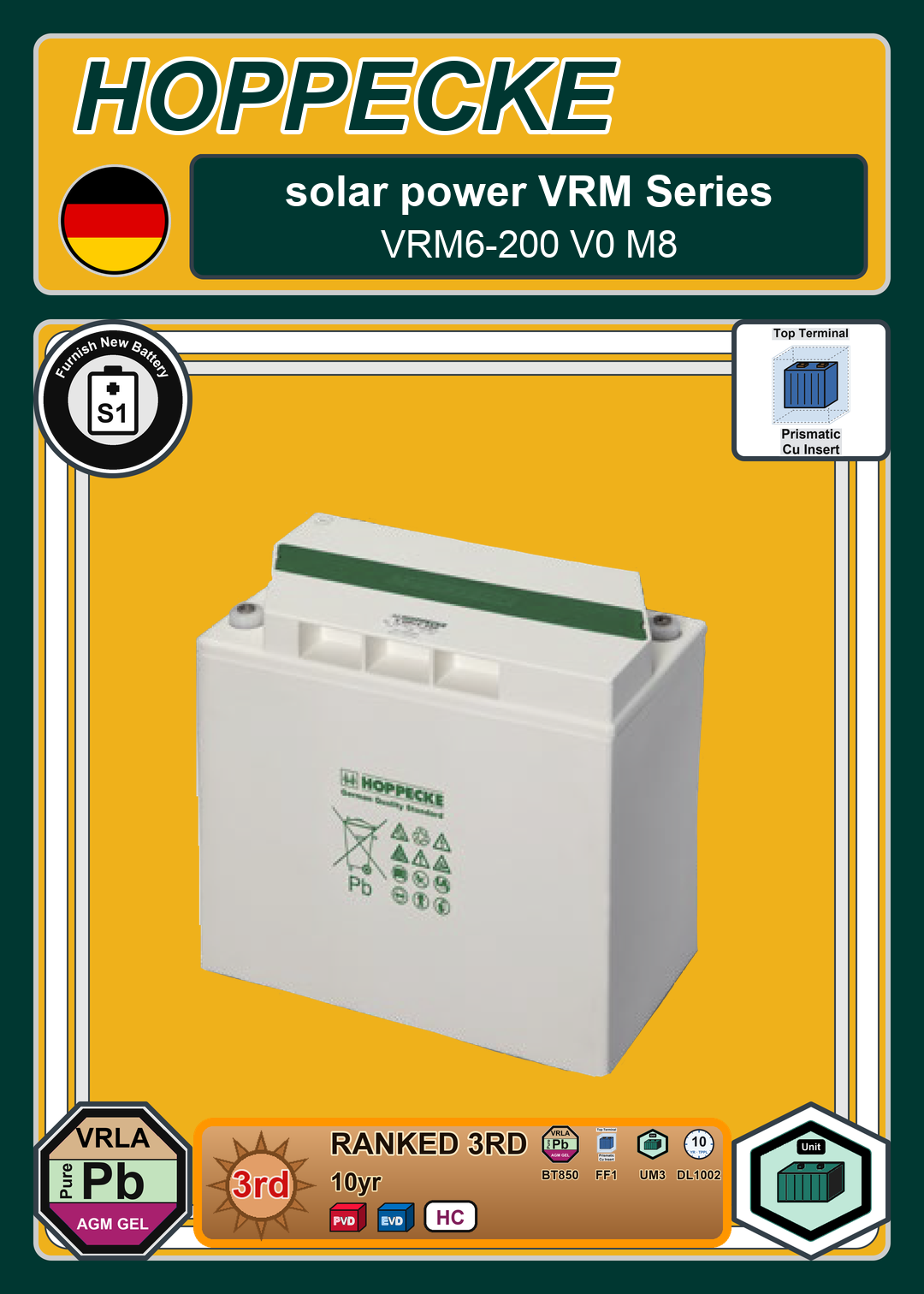 Furnish New Battery Hoppecke solar power VRM Series VRM6 200 V0 M8