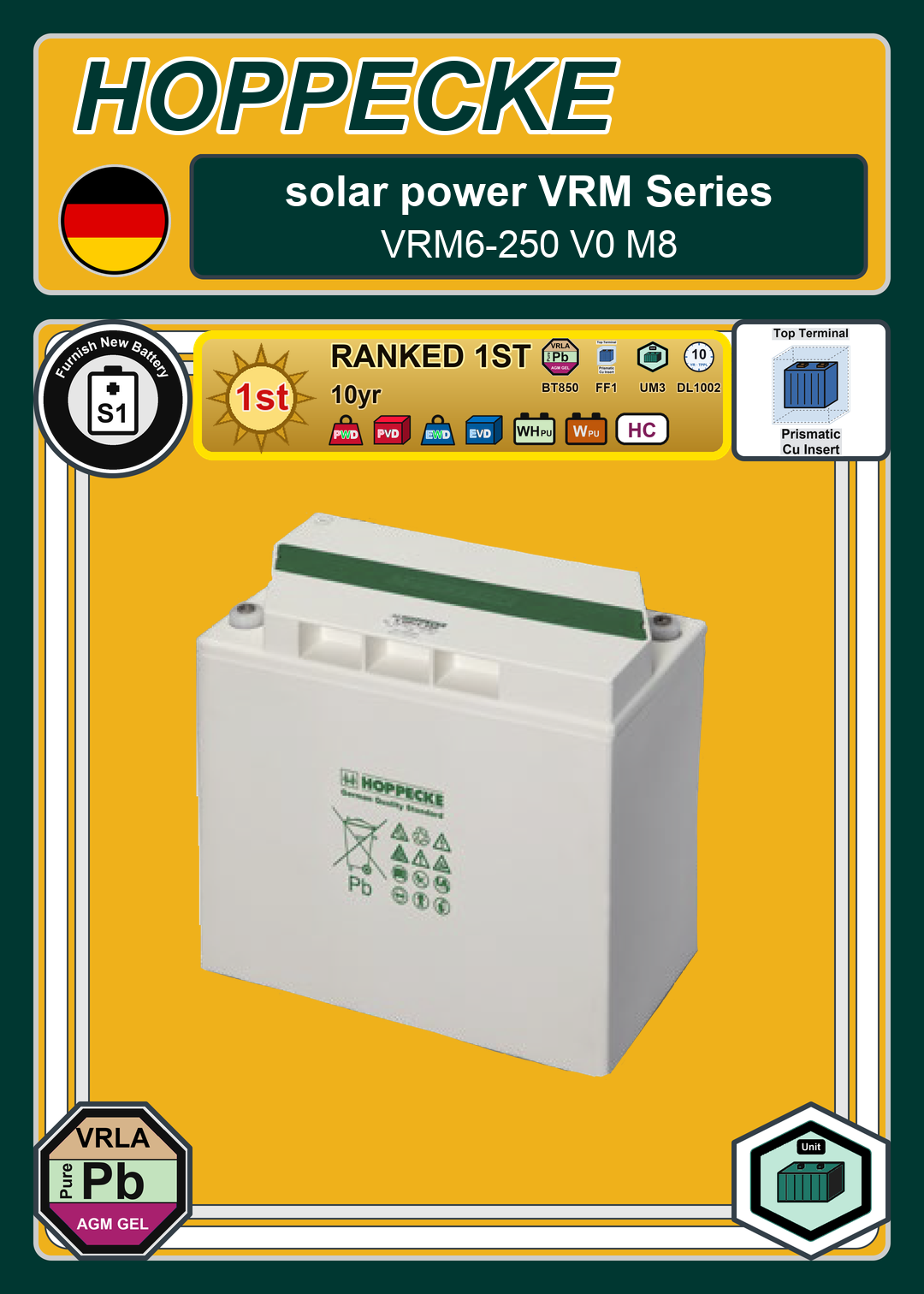 Furnish New Battery Hoppecke solar power VRM Series VRM6 250 V0 M8