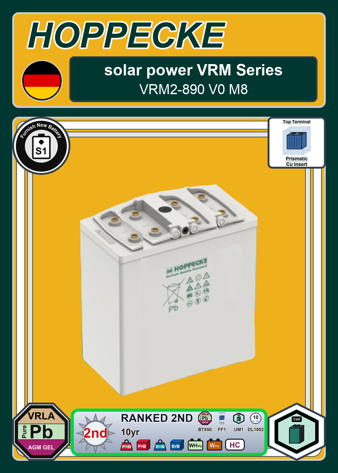 Furnish New Battery Hoppecke solar power VRM Series VRM2 890 V0 M8