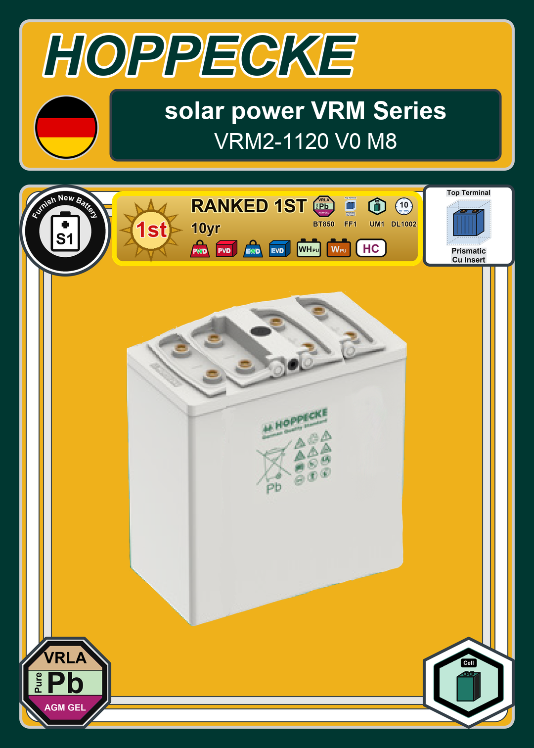 Furnish New Battery Hoppecke solar power VRM Series VRM2 1120 V0 M8