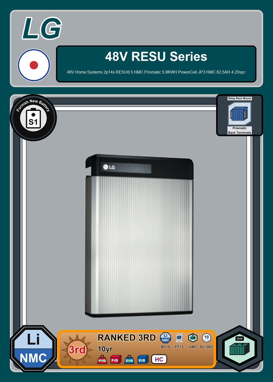 Furnish New Battery LG Battery 48V Home Systems 2p14s RESU6 5 NMC Prismatic 5 9KWH PowerCell JP3 NMC 62 5AH 4 20vpc