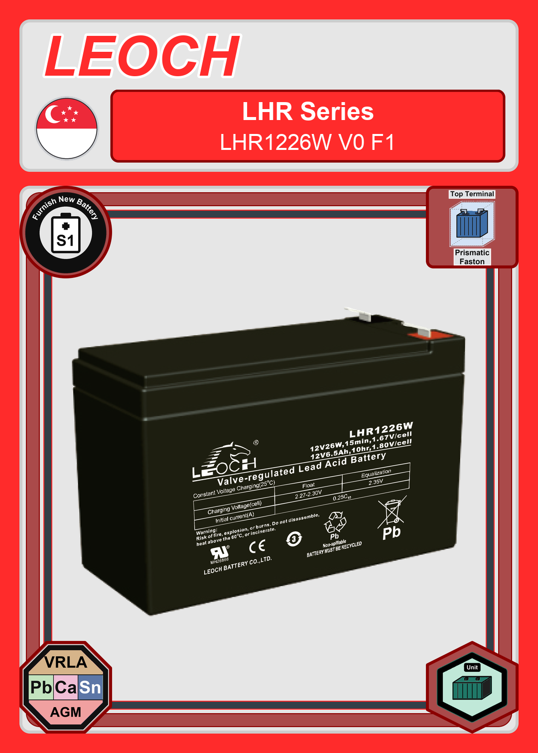 Furnish New Battery Leoch Battery LHR Series LHR1226W V0 F1
