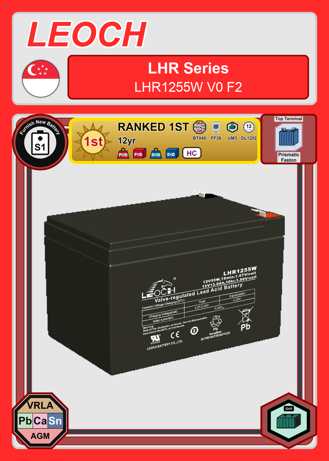 Furnish New Battery Leoch Battery LHR Series LHR1255W V0 F2