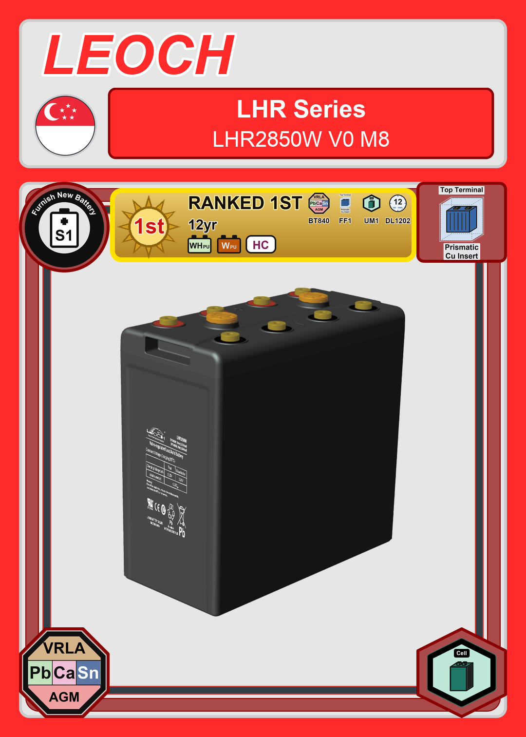 Furnish New Battery Leoch Battery LHR Series LHR2850W V0 M8