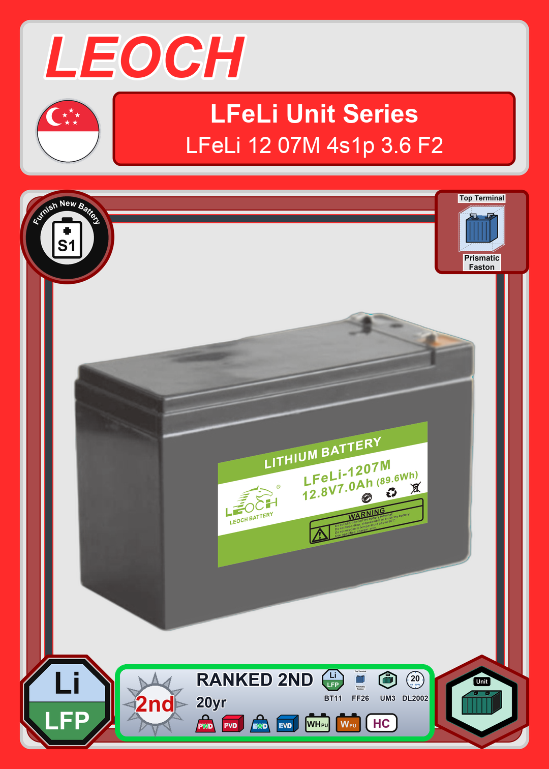 Furnish New Battery Leoch Battery LFeLi Unit Series LFeLi 12 07M 4s1p 3 6 F2