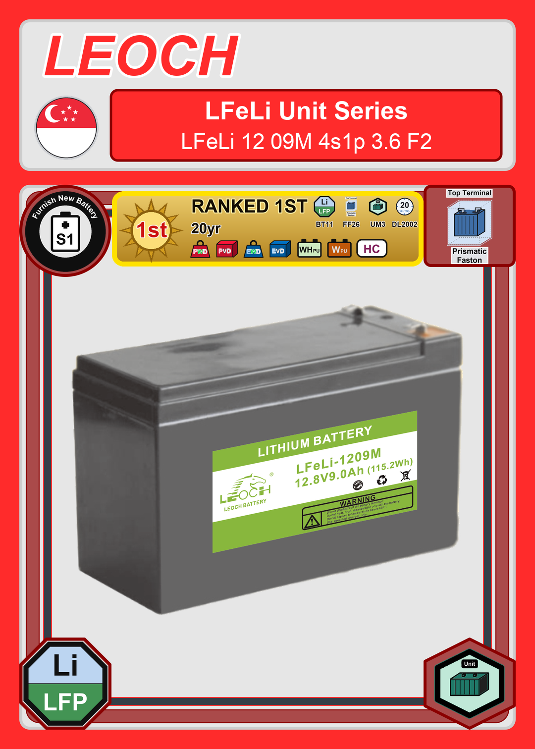 Furnish New Battery Leoch Battery LFeLi Unit Series LFeLi 12 09M 4s1p 3 6 F2