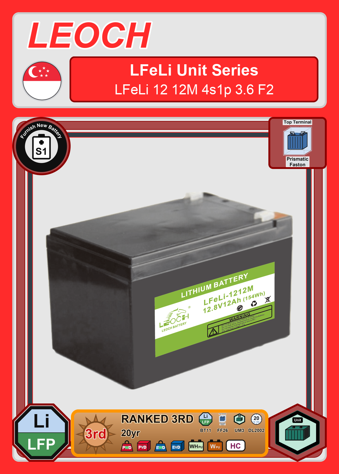 Furnish New Battery Leoch Battery LFeLi Unit Series LFeLi 12 12M 4s1p 3 6 F2