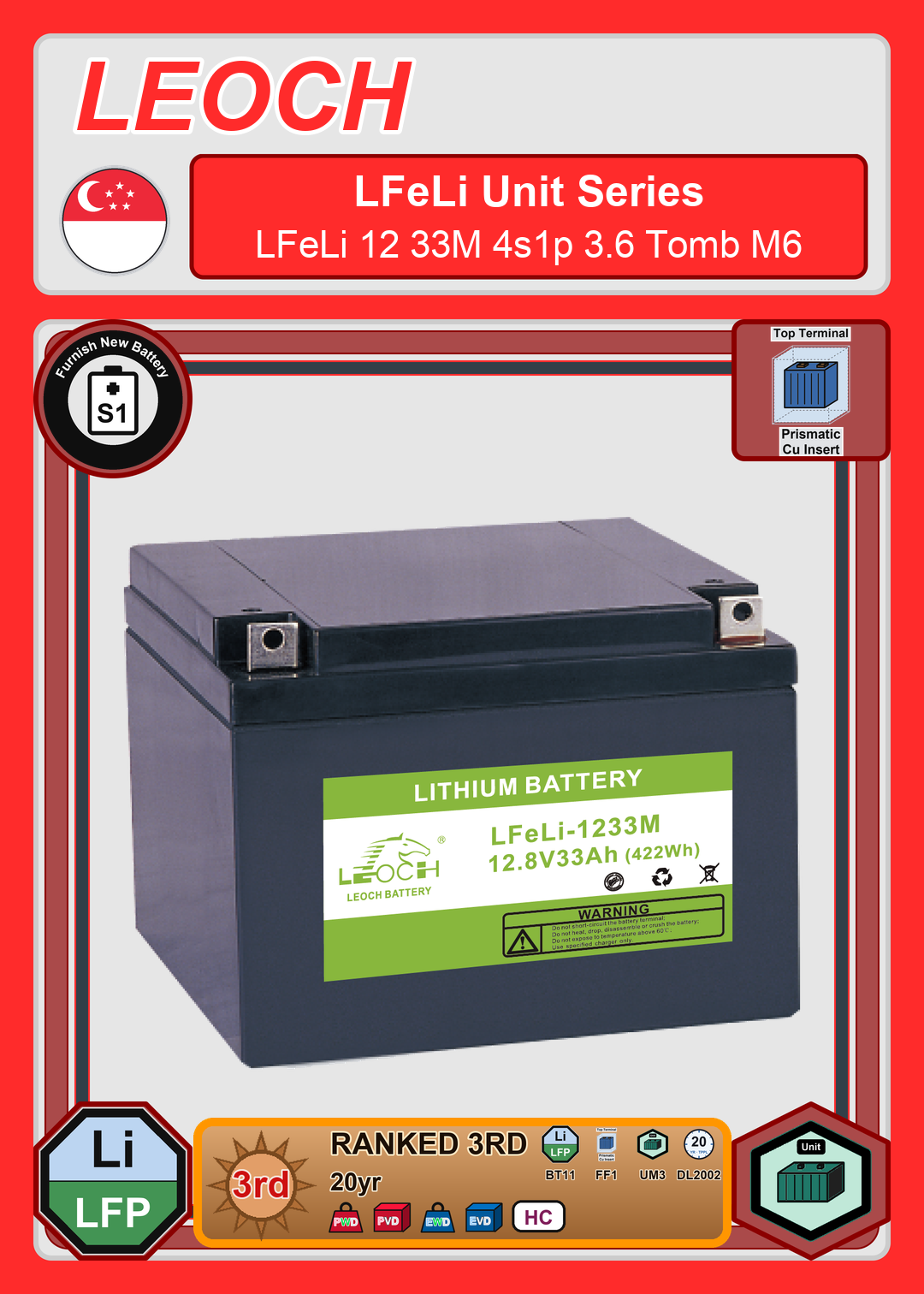 Furnish New Battery Leoch Battery LFeLi Unit Series LFeLi 12 33M 4s1p 3 6 Tomb M6