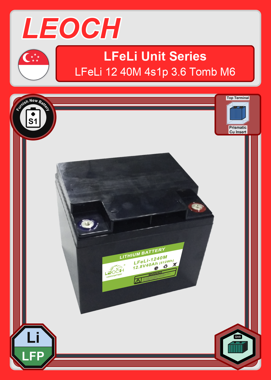 Furnish New Battery Leoch Battery LFeLi Unit Series LFeLi 12 40M 4s1p 3 6 Tomb M6