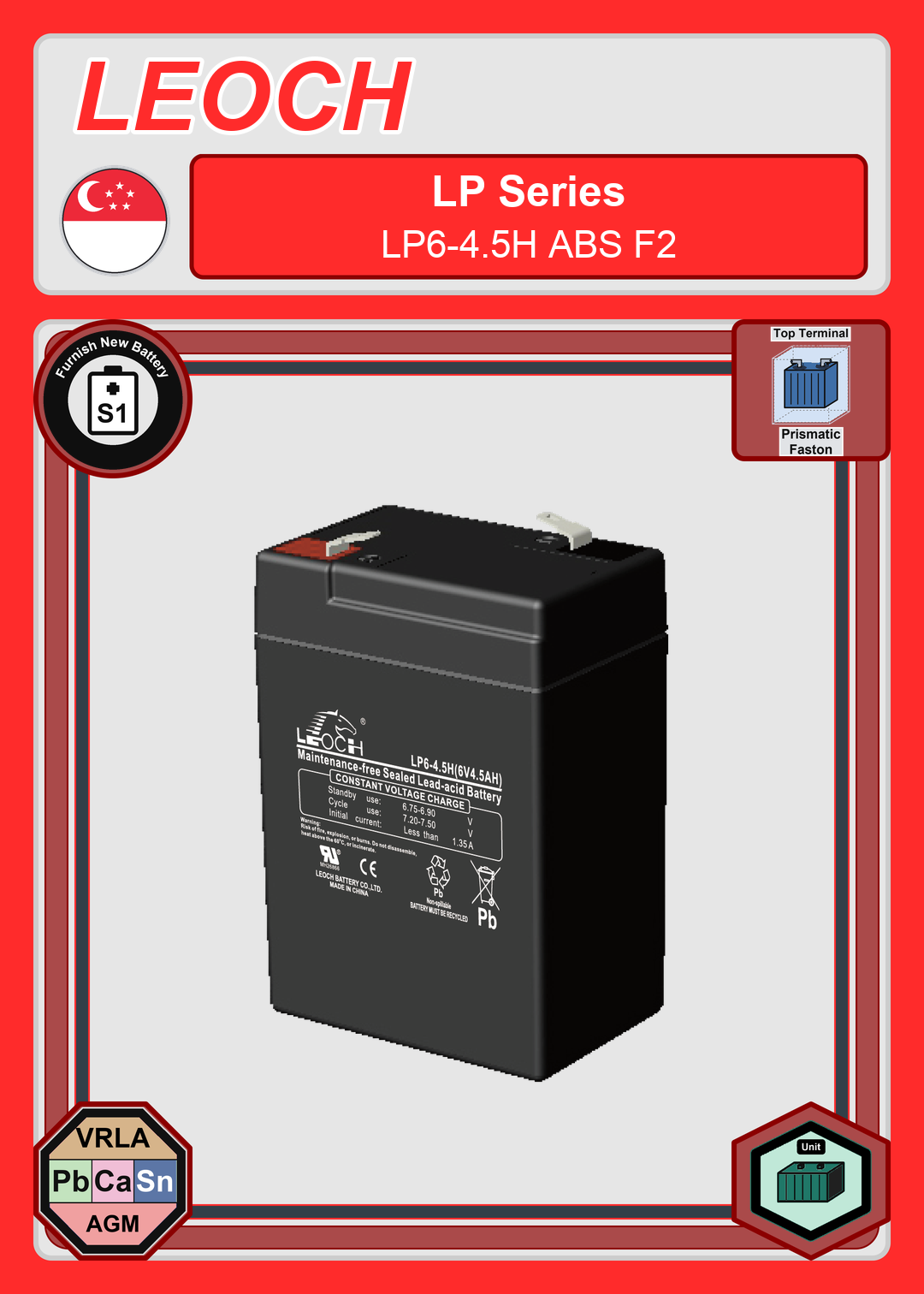 Furnish New Battery Leoch Battery LP Series LP6 4 5H ABS F2