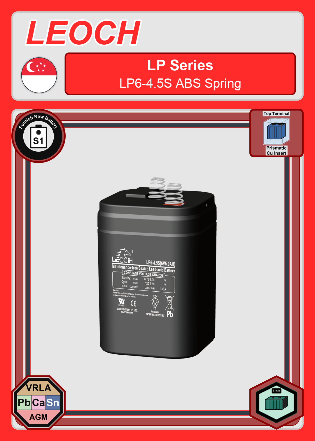 Furnish New Battery Leoch Battery LP Series LP6 4 5S ABS Spring