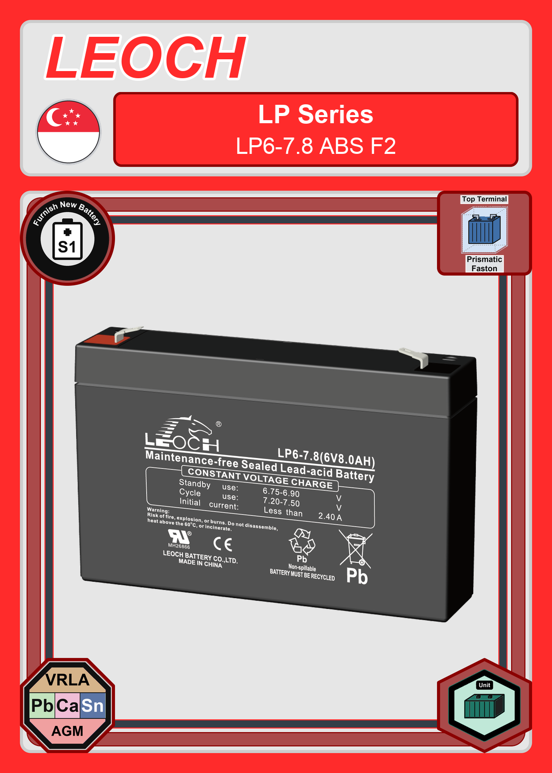 Furnish New Battery Leoch Battery LP Series LP6 7 8 ABS F2