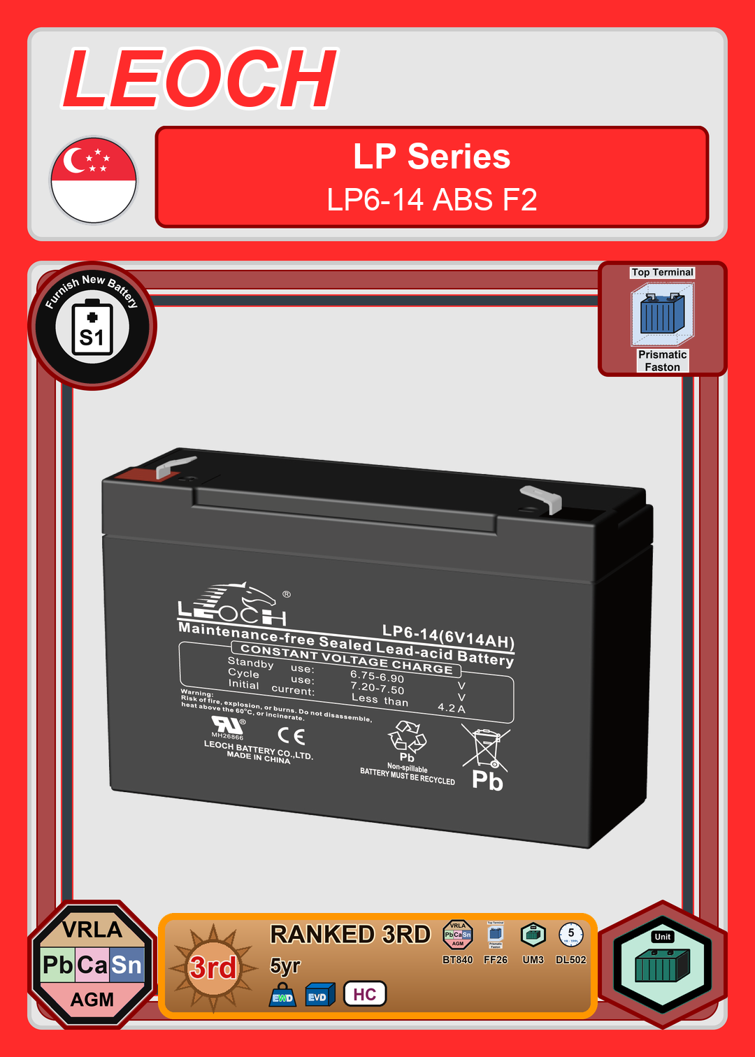 Furnish New Battery Leoch Battery LP Series LP6 14 ABS F2