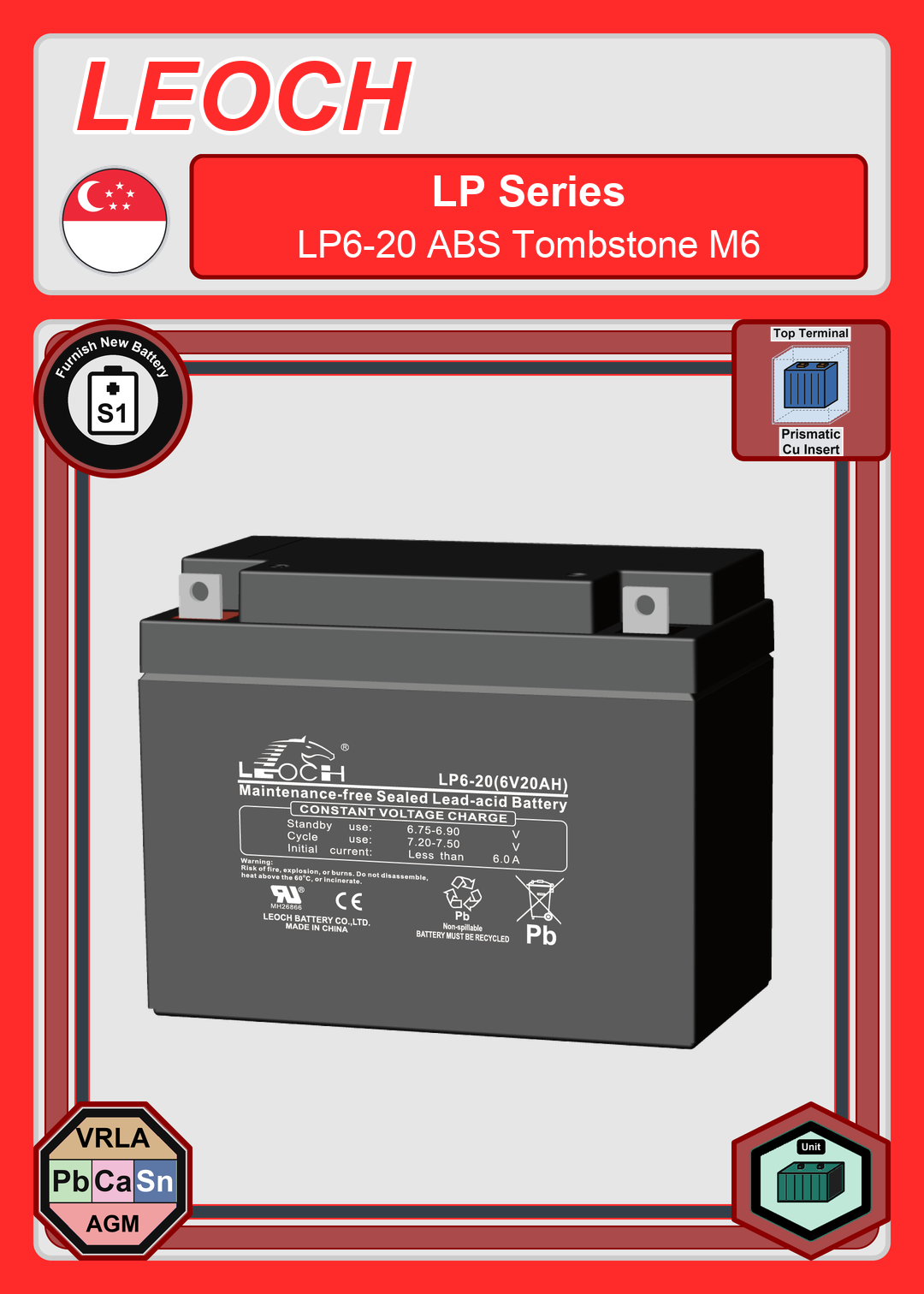 Furnish New Battery Leoch Battery LP Series LP6 20 ABS Tombstone M6