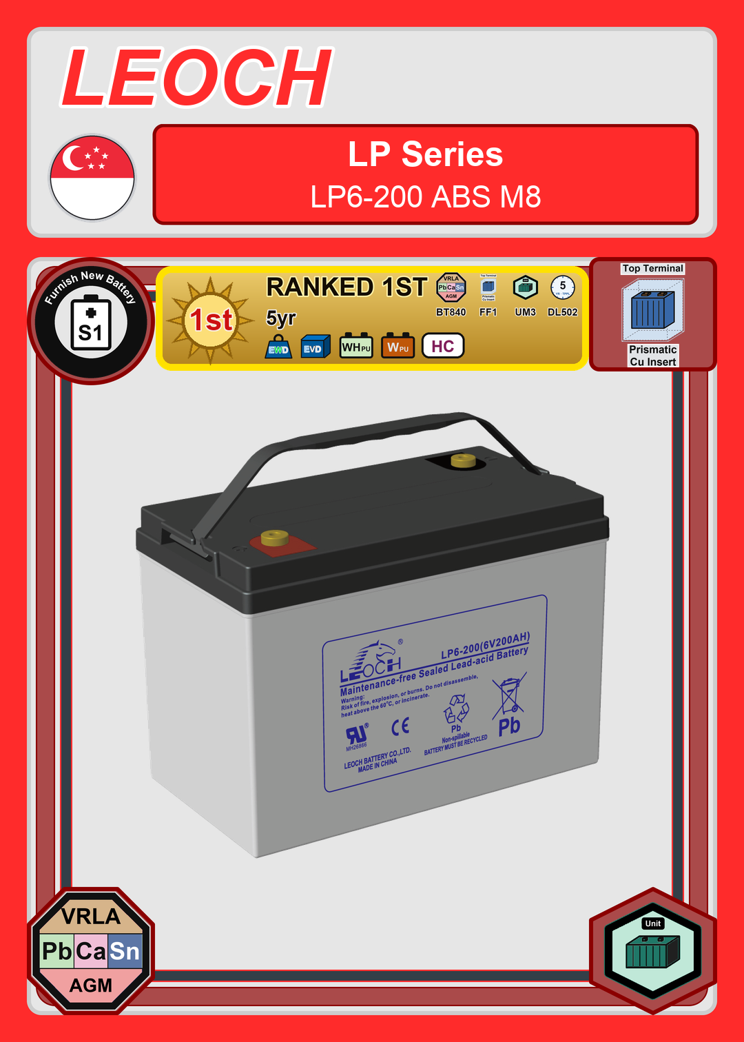 Furnish New Battery Leoch Battery LP Series LP6 200 ABS M8