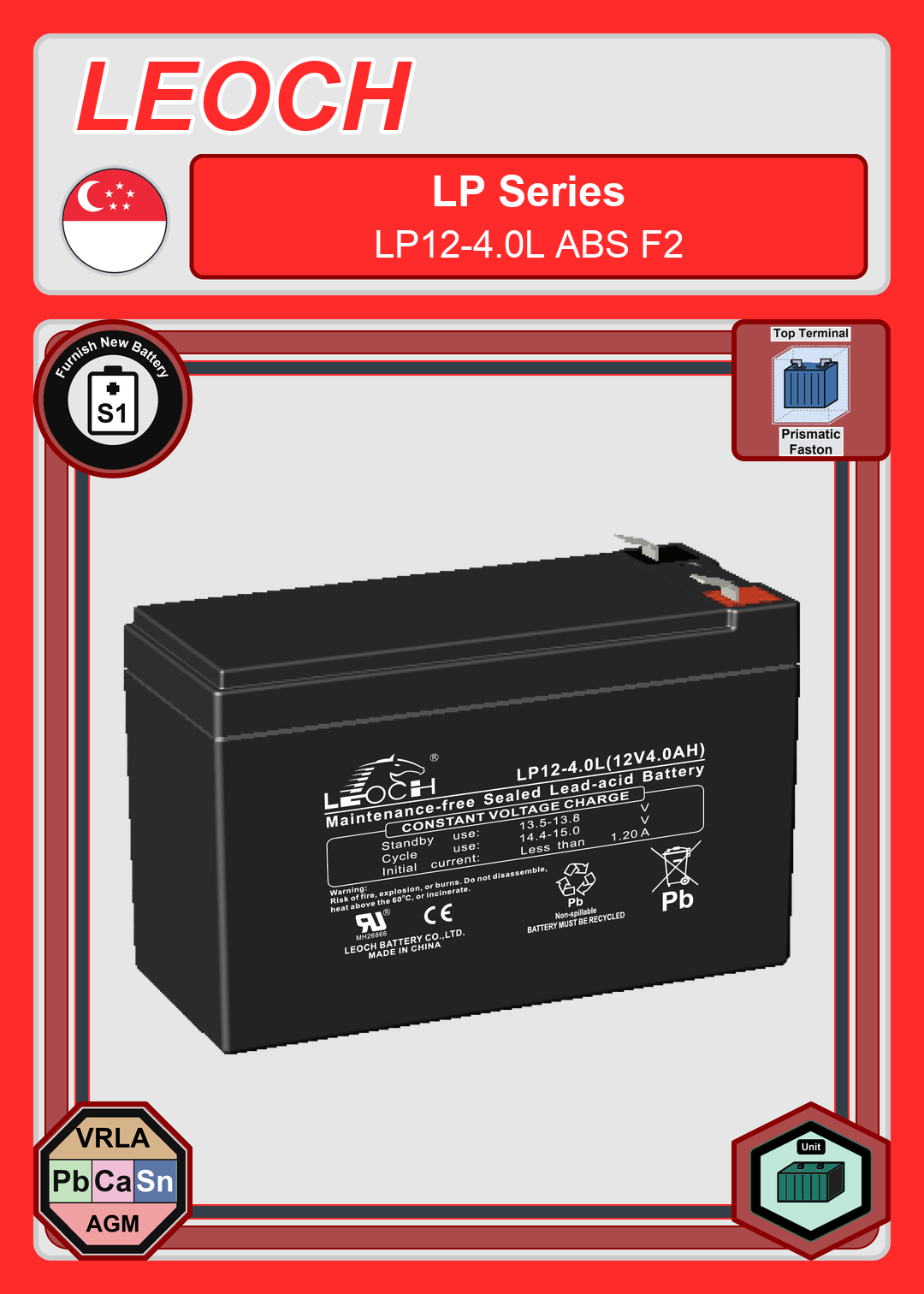 Furnish New Battery Leoch Battery LP Series LP12 4 0L ABS F2