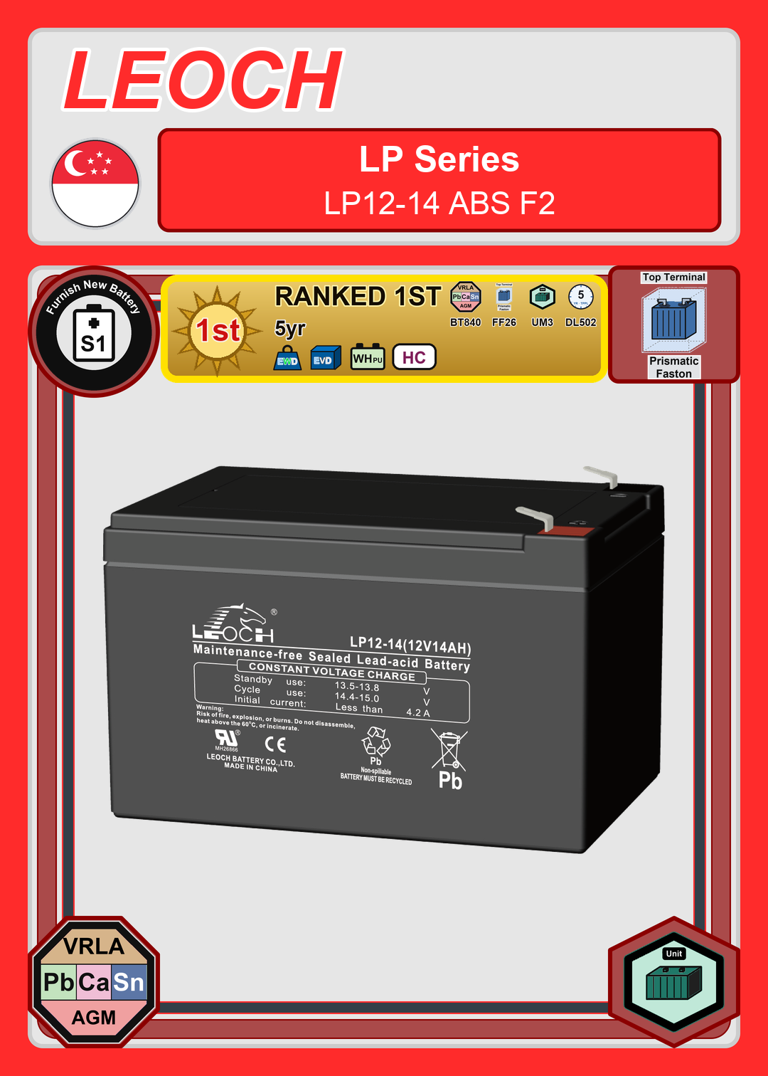 Furnish New Battery Leoch Battery LP Series LP12 14 ABS F2