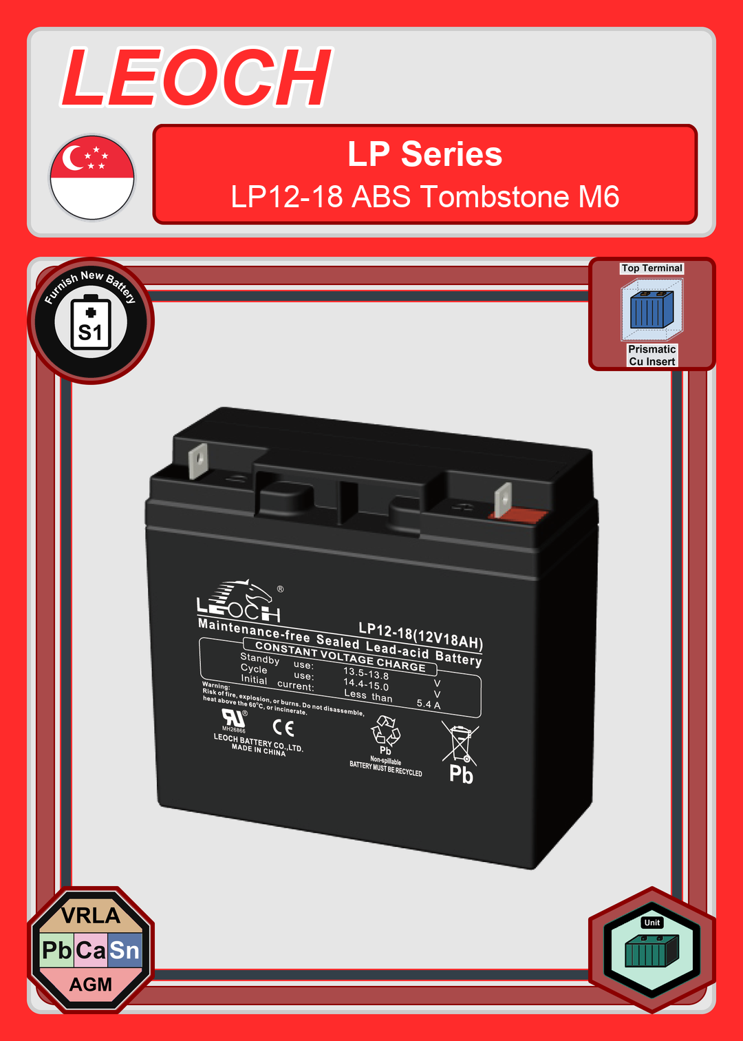 Furnish New Battery Leoch Battery LP Series LP12 18 ABS Tombstone M6