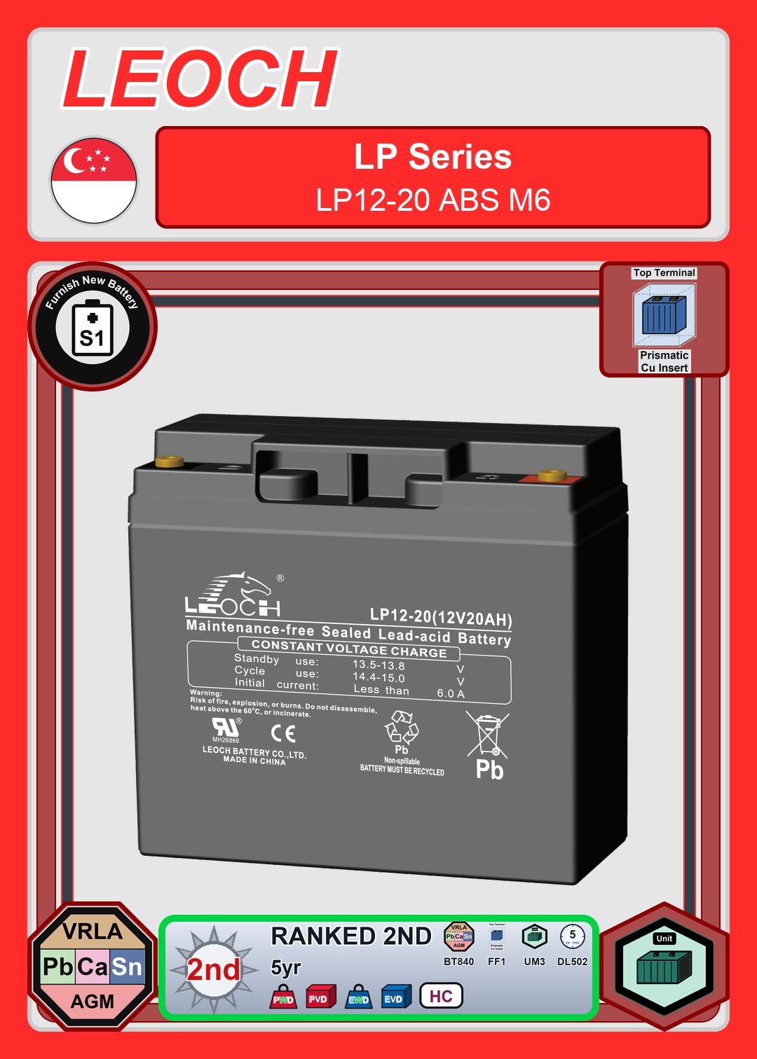 Furnish New Battery Leoch Battery LP Series LP12 20 ABS M6