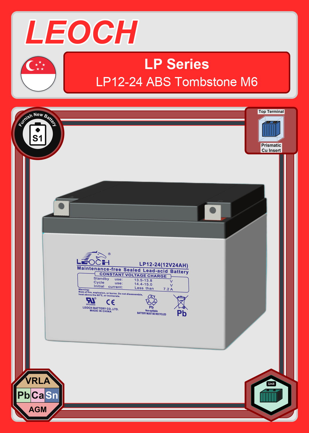 Furnish New Battery Leoch Battery LP Series LP12 24 ABS Tombstone M6